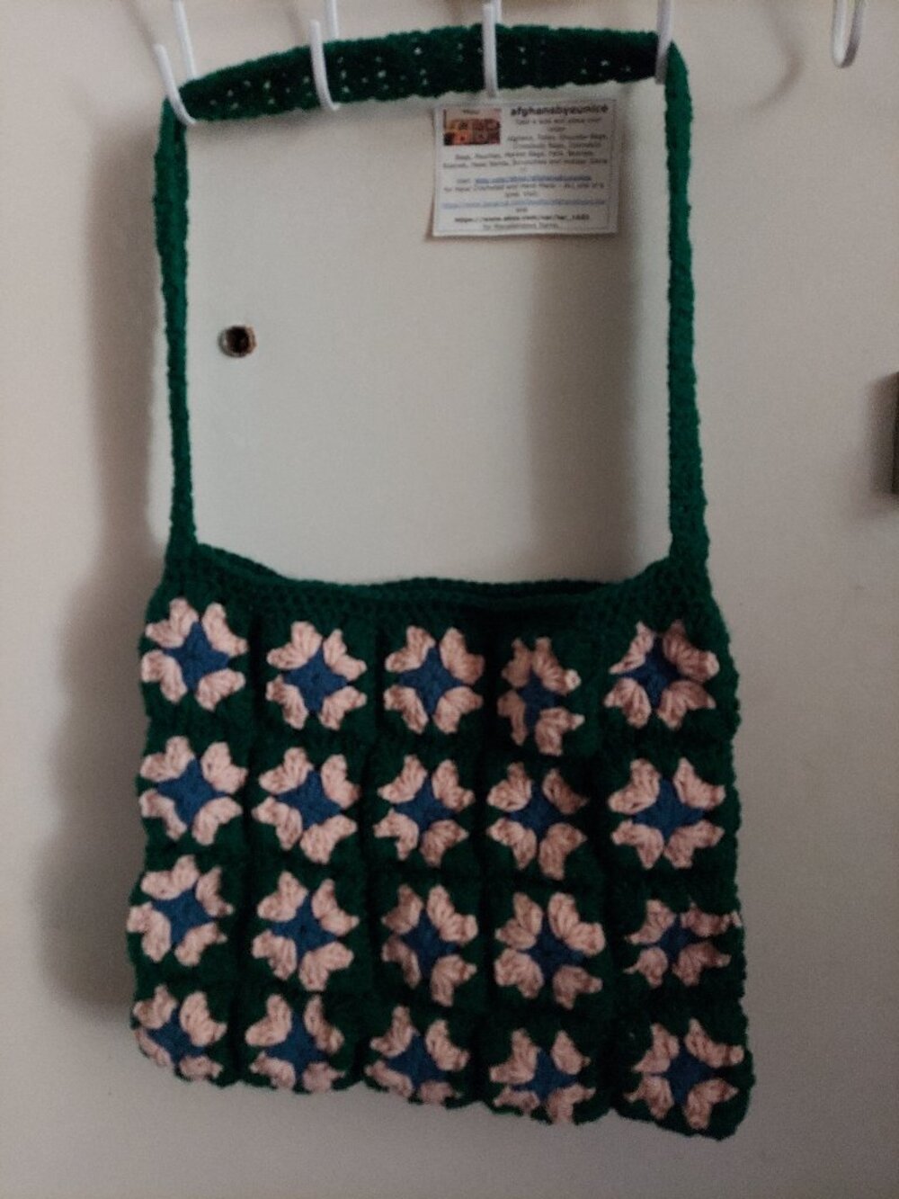 Grasshopper Jean Carrier & Tote, hand crocheted, 14 inches wide, 12 deep, unisex